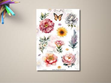 Stickerbogen mit floralen Motiven, einschließlich Rosen, Lavendel, Sonnenblumen und Schmetterlingen in sanften Farben. Perfekt für kreative Dekorationen und DIY-Projekte. Design von DreamArt VM, Stickerbogen #2241.